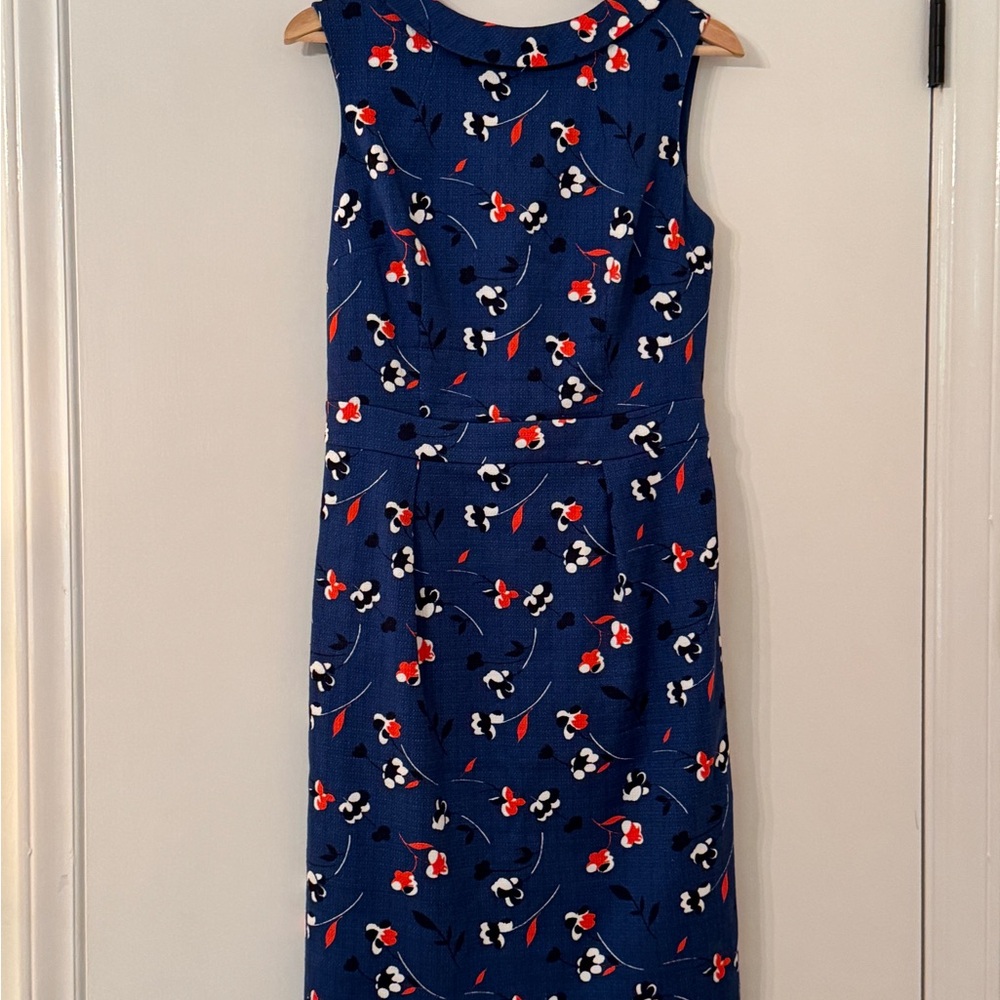 Boden Navy Floral Midi Dress with Red & White Accents
